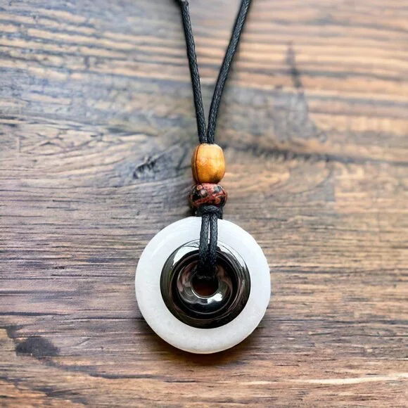 White Jade and Hematite Pendant | Handmade - Picture 1 of 4